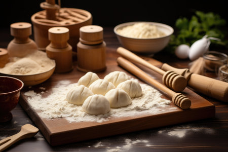dumpling dough with rolling pin and tool, created with generative aiの素材