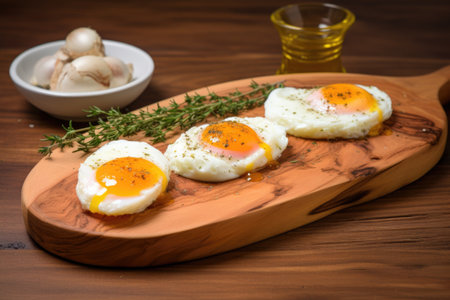 poached eggs on a wooden board, created with generative aiの素材