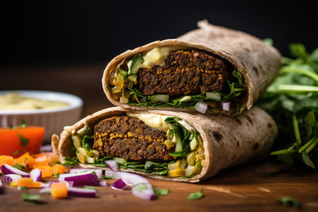 a completed falafel wrap, sliced diagonally, created with generative aiの素材