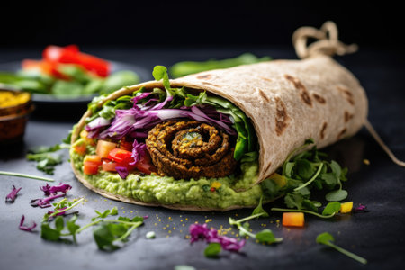 assembling a falafel wrap with vibrant ingredients, created with generative aiの素材