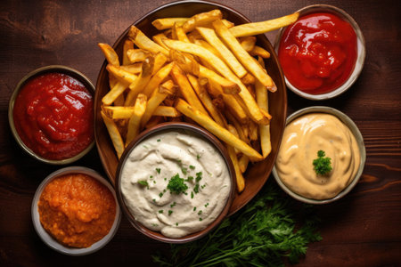 top view of homemade fries with ketchup and mayo dips, created with generative aiの素材