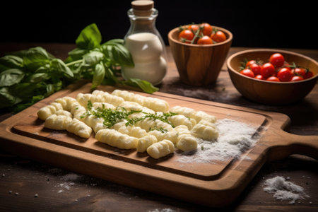 freshly made gnocchi dough on a wooden board, created with generative aiの素材