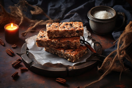 rustic homemade granola bars on a textured background, created with generative aiの素材