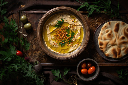 top view of hummus garnished with olive oil, created with generative aiの素材