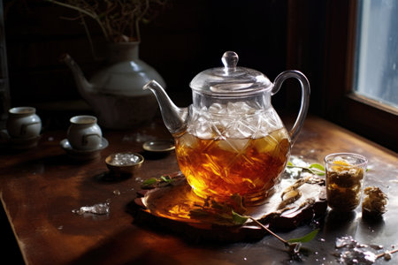 steeping tea in a clear teapot with ice cubes nearby, created with generative aiの素材