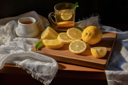 close-up of tea bags, lemon slices, and sugar on a wooden tray, created with generative aiの素材