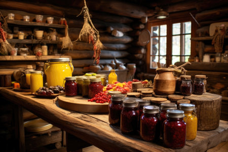 rustic kitchen setting for jam-making process, created with generative aiの素材