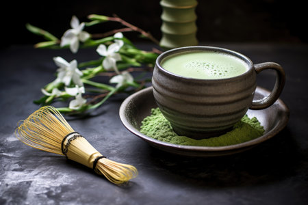 matcha latte with a bamboo whisk and scoop, created with generative aiの素材