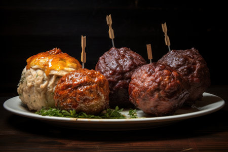 variety of meatball types: beef, pork, chicken, created with generative aiの素材