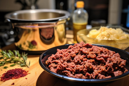 bowl of seasoned ground beef cooking on the stove, created with generative aiの素材