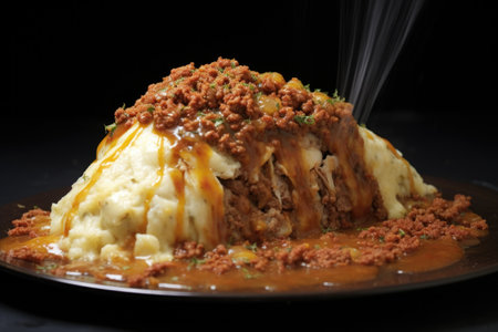 spreading mashed potatoes over meat filling, created with generative aiの素材