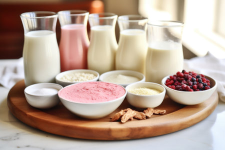 various types of milks and yogurts for smoothie bowl bases, created with generative aiの素材