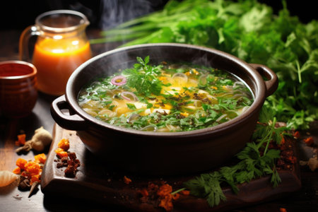 steaming hot soup in a ceramic bowl with herbs, created with generative aiの素材
