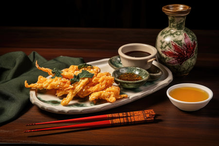 tempura dipping sauce with chopsticks nearby, created with generative aiの素材