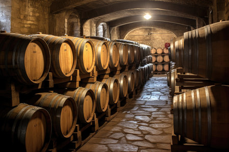 oak barrels for aging wine in cellar, created with generative aiの素材