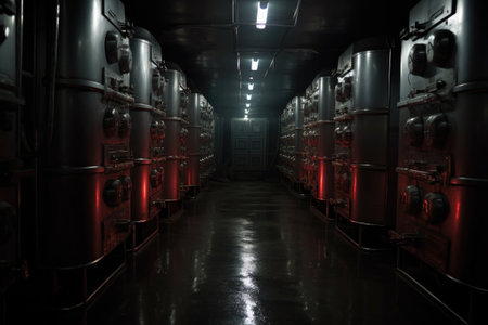 rows of cryogenic storage units in dimly lit room, created with generative aiの素材
