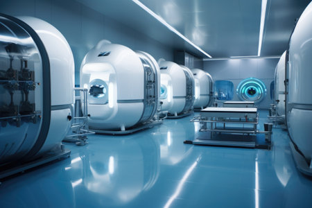 wide shot of a modern cryonics facility with futuristic design, created with generative aiの素材