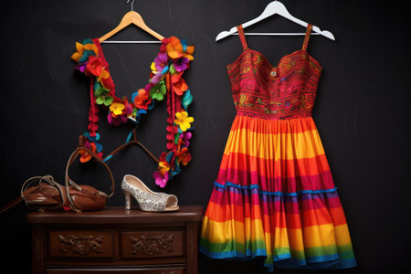 vibrant salsa dress and accessories on a hanger, created with generative aiの素材