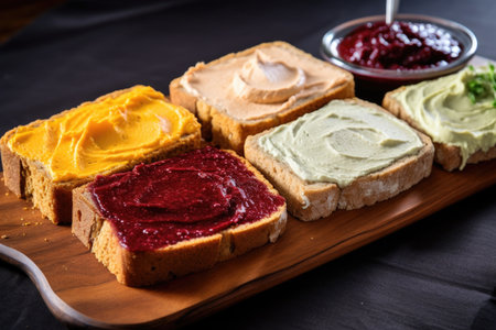 gluten-free bread slices with a variety of spreads, created with generative aiの素材