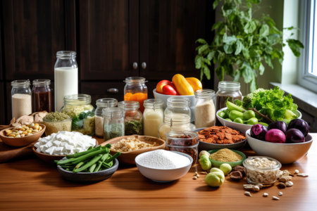 gluten-free ingredients spread on a kitchen counter, created with generative aiの素材