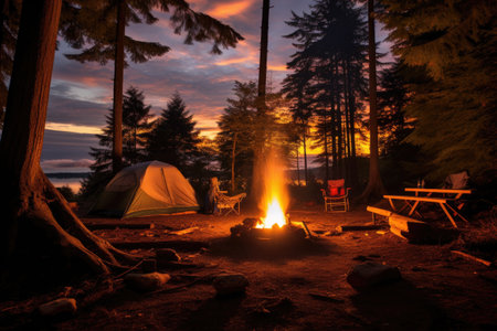 campsite with lit campfire and a tent at dusk, created with generative aiの素材