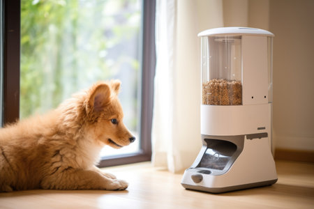 puppy interacting with a smart pet feeder device, created with generative aiの素材