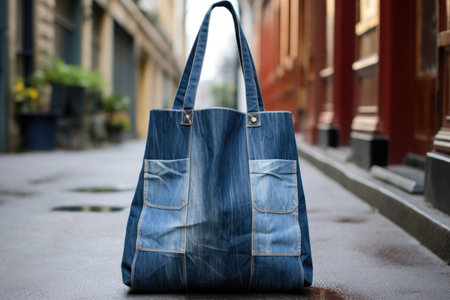 reusable shopping bag from old jeans, created with generative aiの素材