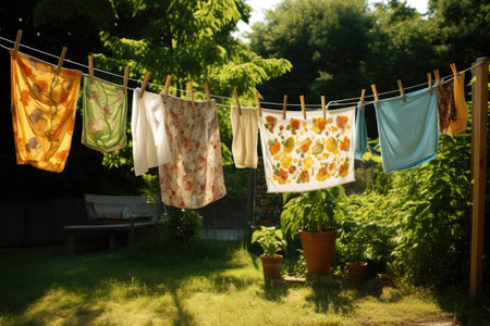clothesline with reusable cloth napkins drying, created with generative aiの素材