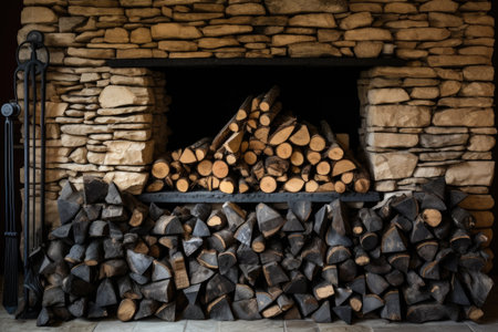firewood stacked neatly beside a stone fireplace, created with generative aiの素材