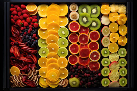 rows of sliced fruits inside a food dehydrator, created with generative aiの素材