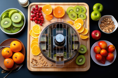 top view of juicer with sliced fruits on board, created with generative aiの素材