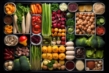 top view of a well-organized vegan fridge, created with generative aiの素材