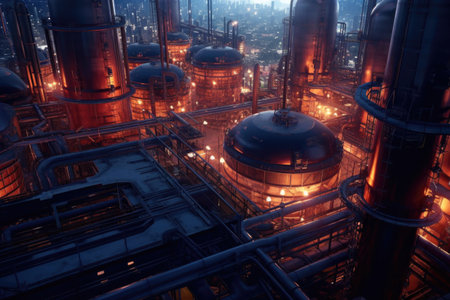 overhead view of oil refinery tanks and pipelines, created with generative aiの素材