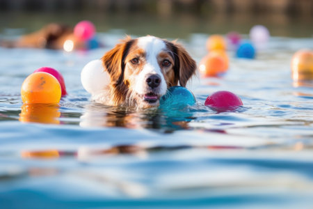 close-up of dog toys floating in pool water, created with generative aiの素材
