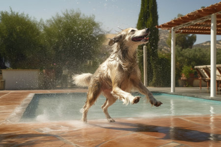 wet dog shaking off water near poolside, created with generative aiの素材