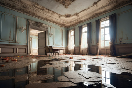 water puddle on floor beneath damaged ceiling, created with generative aiの素材