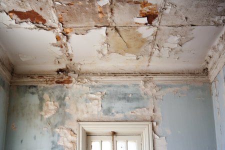 cracked ceiling plaster from water damage, created with generative aiの素材
