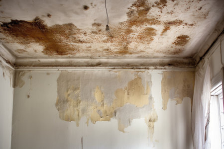 mold growth on damaged ceiling corner, created with generative aiの素材