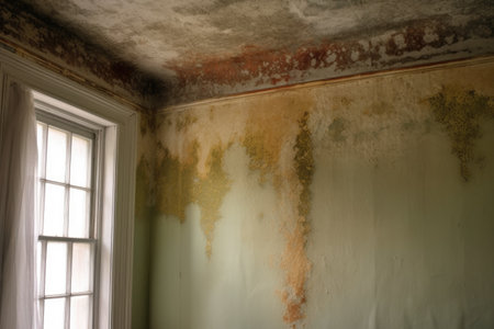 mold growth on damp ceiling corner, created with generative aiの素材