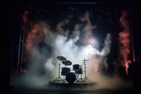 drum set on stage with spotlight and smoke, created with generative aiの素材