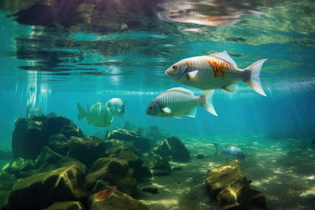 underwater shot of fish feeding in a crystal clear lake, created with generative aiの素材