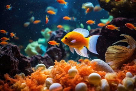 close-up of fish food flakes in a tropical aquarium, created with generative aiの素材