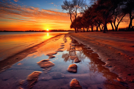 footprints leading towards a sunset horizon, created with generative aiの素材