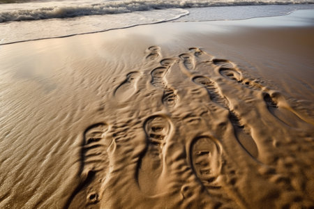 close-up of footprints in wet beach sand, created with generative aiの素材