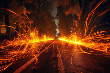 long exposure of fiery patterns in the dark, created with generative aiの素材