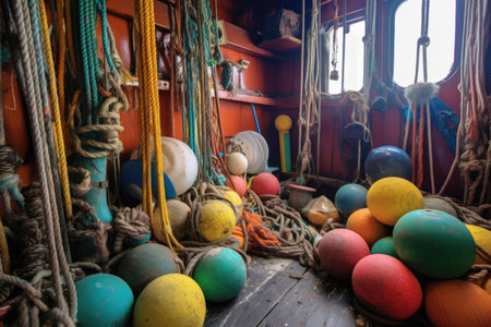 colorful buoys and ropes on the deck of a fishing boat, created with generative aiの素材