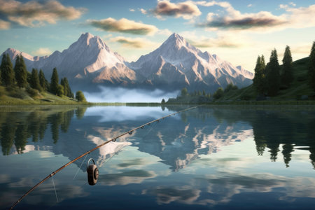 fishing rod with a scenic mountain lake reflection in the background, created with generative aiの素材