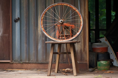 bicycle wheel resting on work stand, created with generative aiの素材