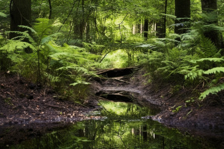 puddle in a forest, reflecting surrounding greenery, created with generative aiの素材