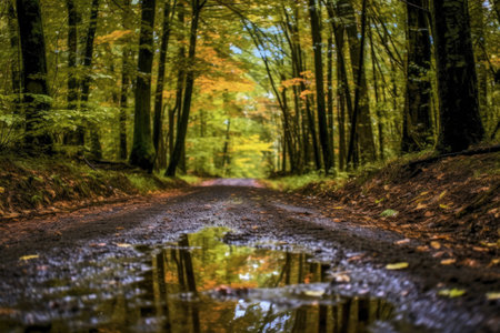 puddle at the edge of a rain-soaked forest path, created with generative aiの素材